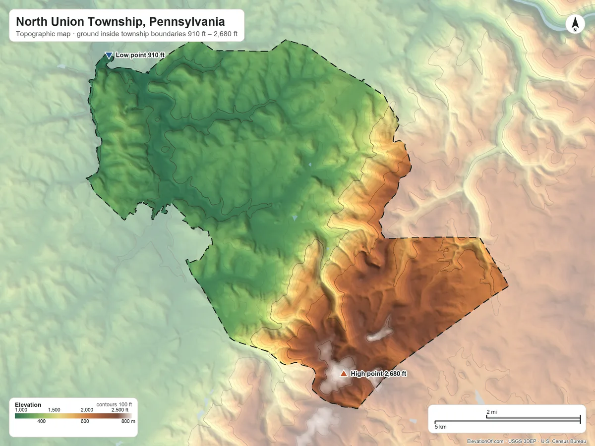 Topographic elevation map of North Union Township, Pennsylvania, shaded from 910 ft on the northwest side to 2,680 ft on the southeast side