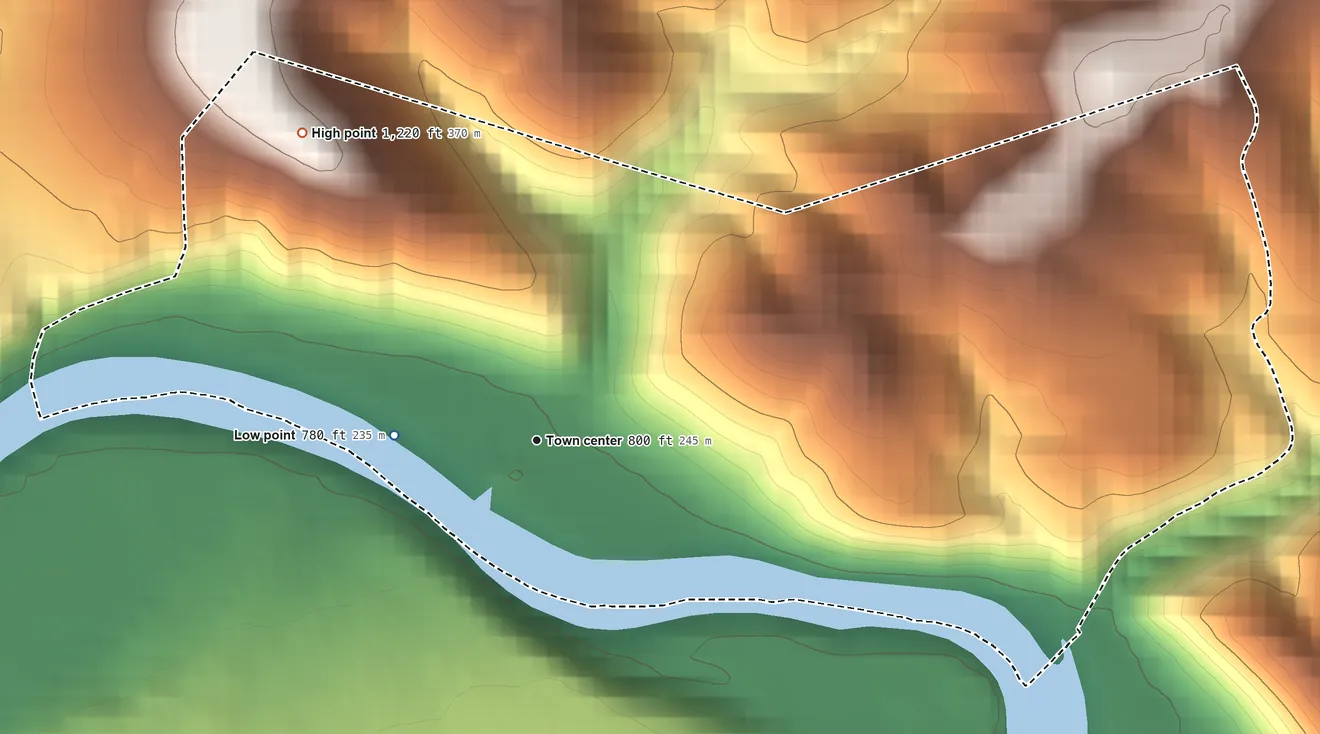 Topographic elevation map of North Vandergrift, Pennsylvania, shaded from 780 ft on the west side to 1,220 ft on the northwest side