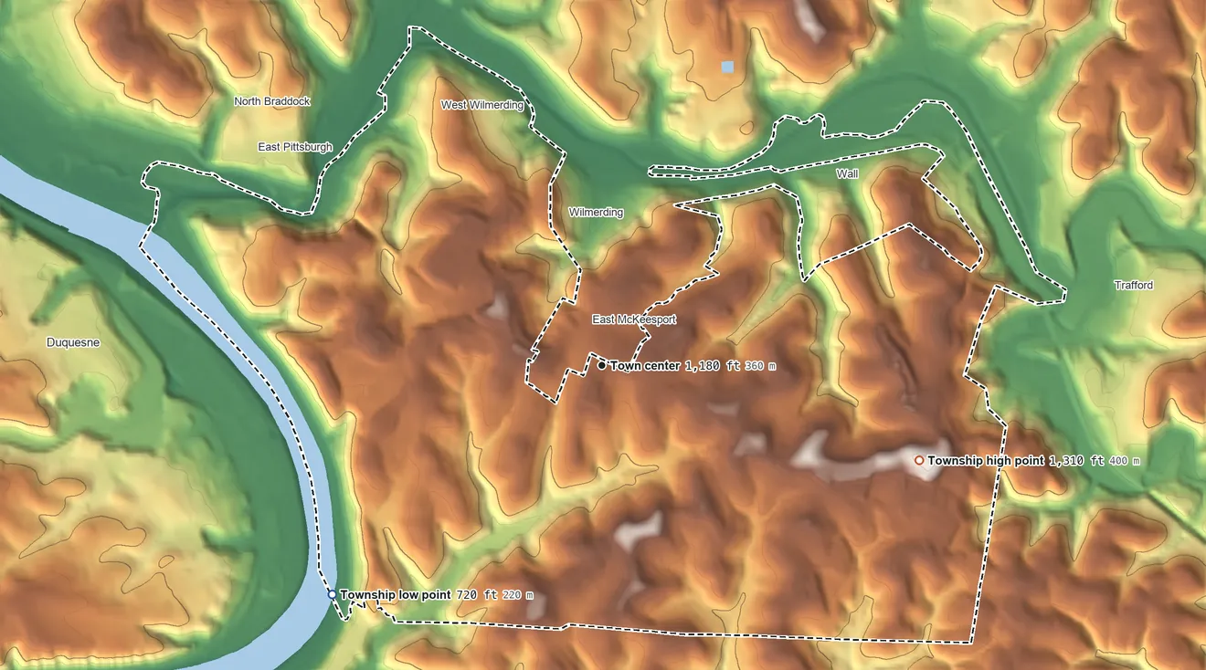 Topographic elevation map of North Versailles Township, Pennsylvania, shaded from 720 ft on the southwest side to 1,310 ft on the east side