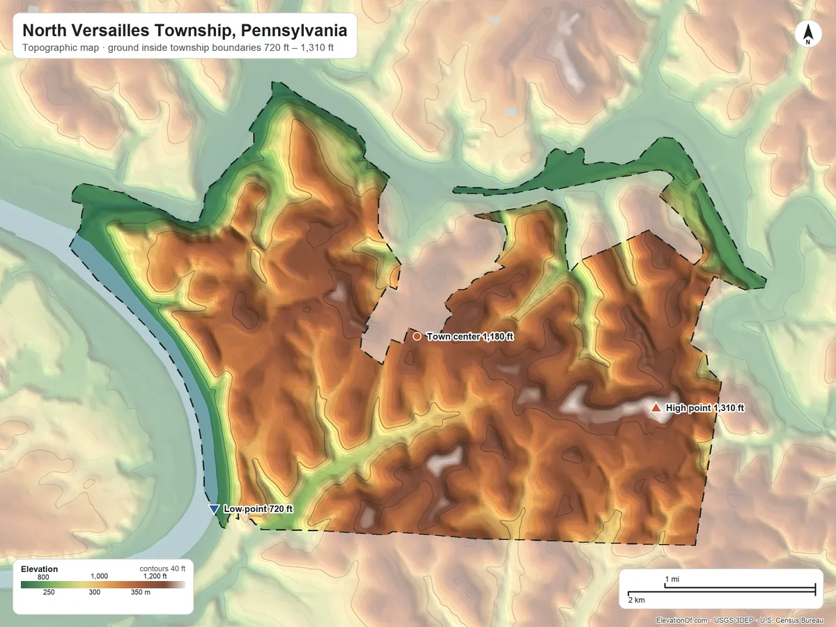 Topographic elevation map of North Versailles Township, Pennsylvania, shaded from 720 ft on the southwest side to 1,310 ft on the east side