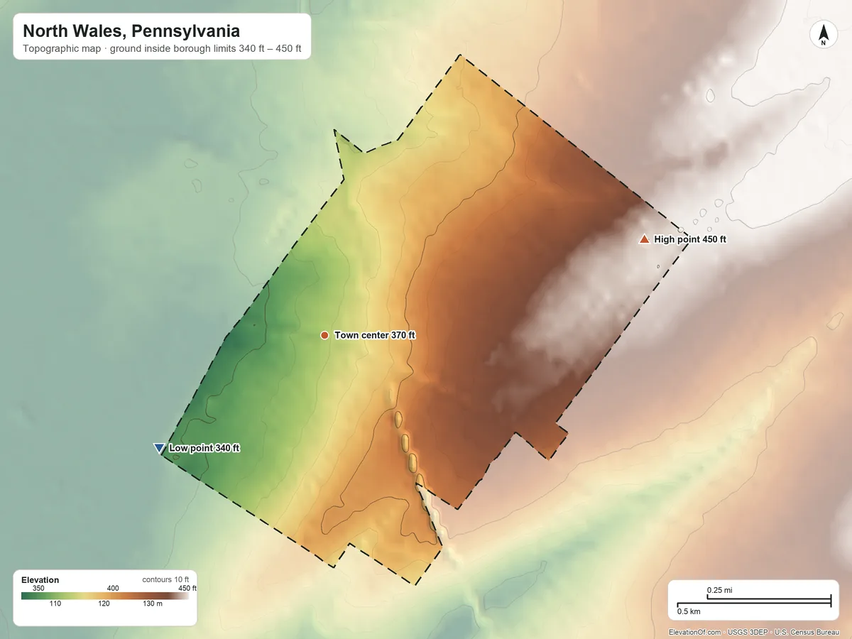 Topographic elevation map of North Wales, Pennsylvania, shaded from 340 ft on the southwest side to 450 ft on the east side