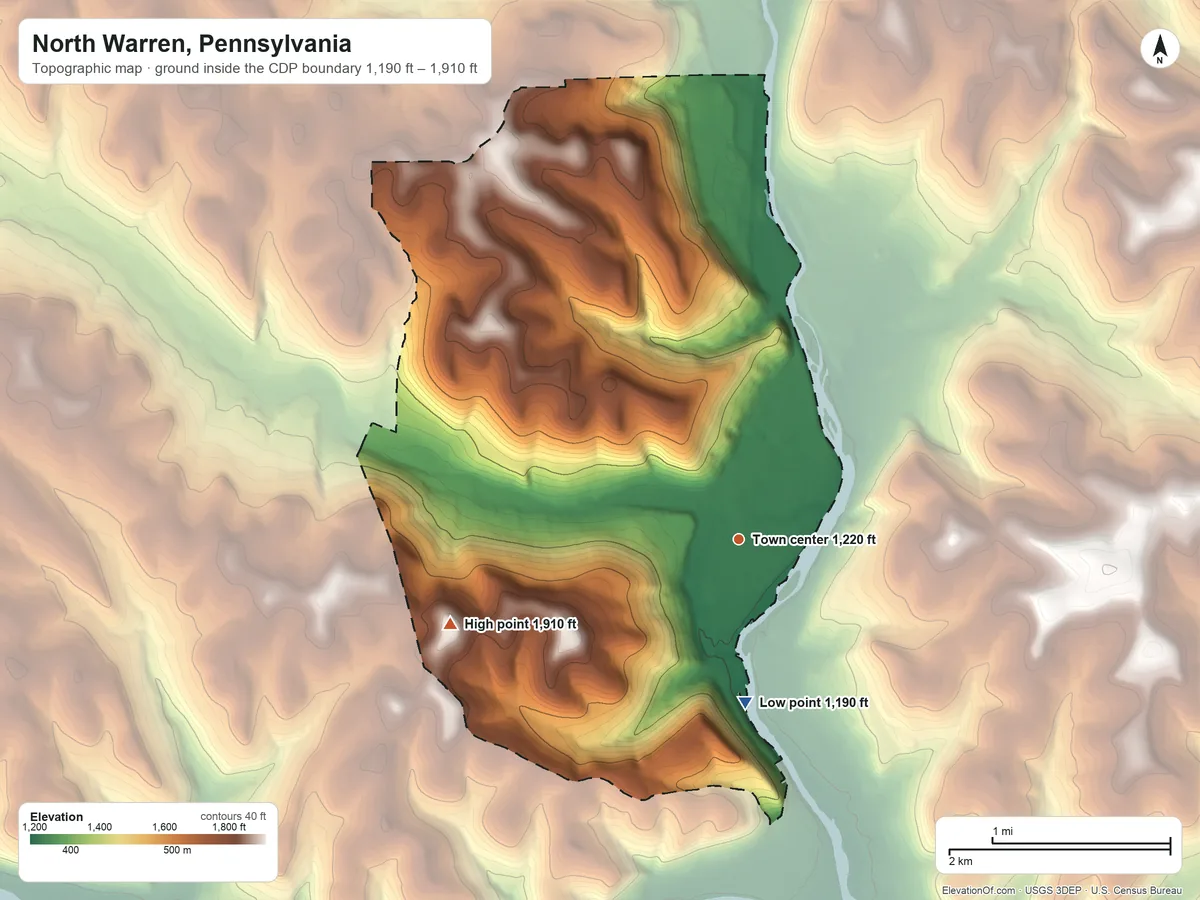 Topographic elevation map of North Warren, Pennsylvania, shaded from 1,190 ft on the south side to 1,910 ft on Yankee Bush Hill