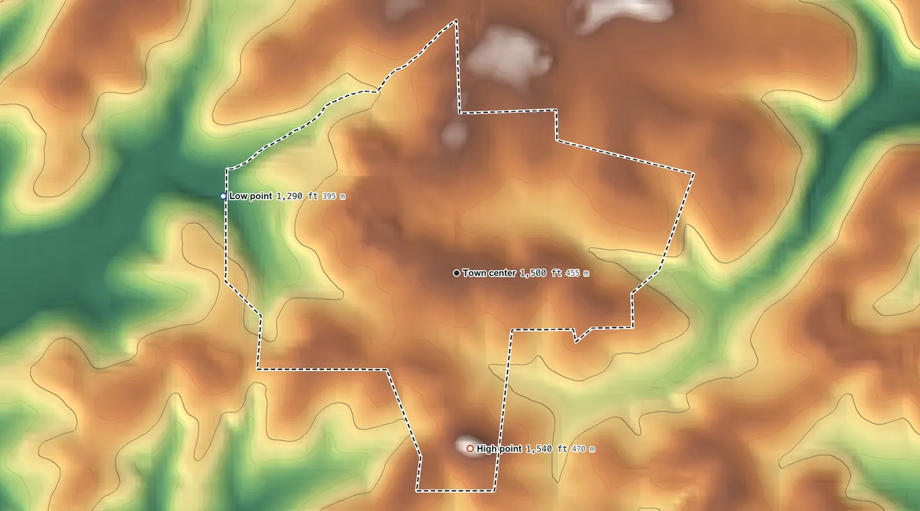 Topographic elevation map of North Washington, Pennsylvania, shaded from 1,290 ft on the west side to 1,540 ft on the south side