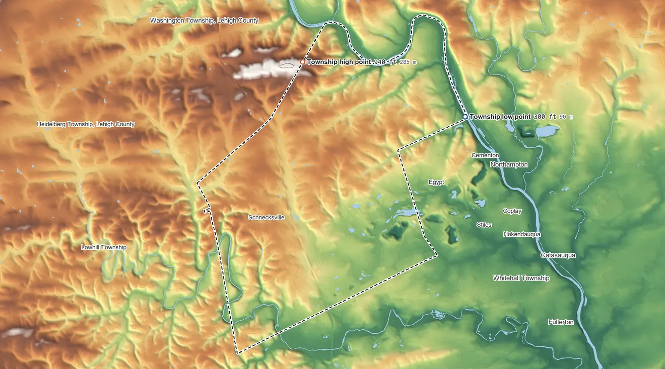 Topographic elevation map of North Whitehall Township, Pennsylvania, shaded from 300 ft on the northeast side to 940 ft on the north side