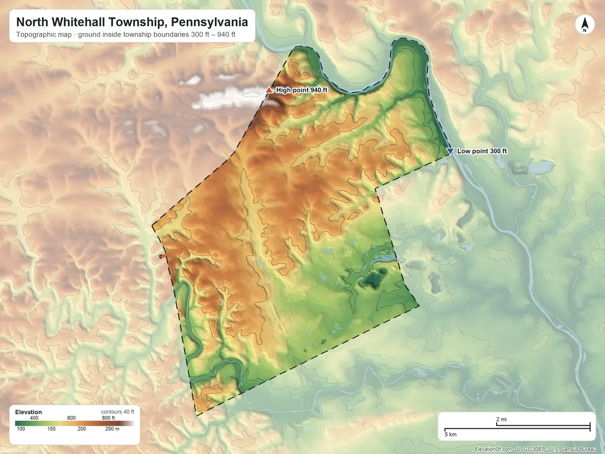 Topographic elevation map of North Whitehall Township, Pennsylvania, shaded from 300 ft on the northeast side to 940 ft on the north side
