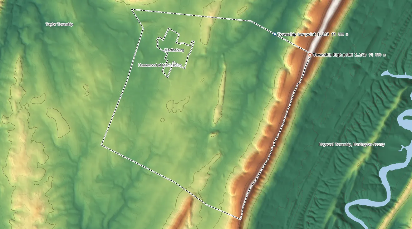Topographic elevation map of North Woodbury Township, Pennsylvania, shaded from 1,240 ft on the northeast side to 2,240 ft on the east side