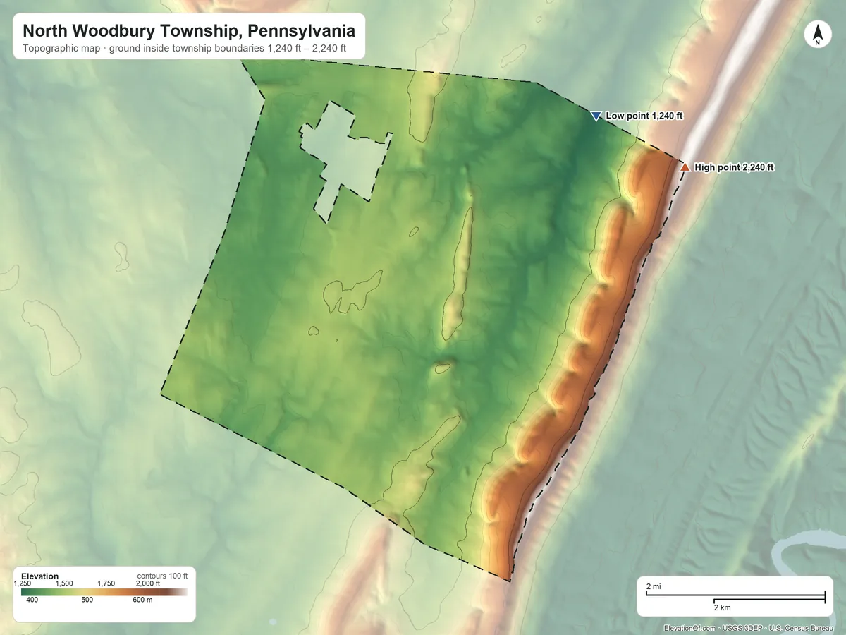 Topographic elevation map of North Woodbury Township, Pennsylvania, shaded from 1,240 ft on the northeast side to 2,240 ft on the east side