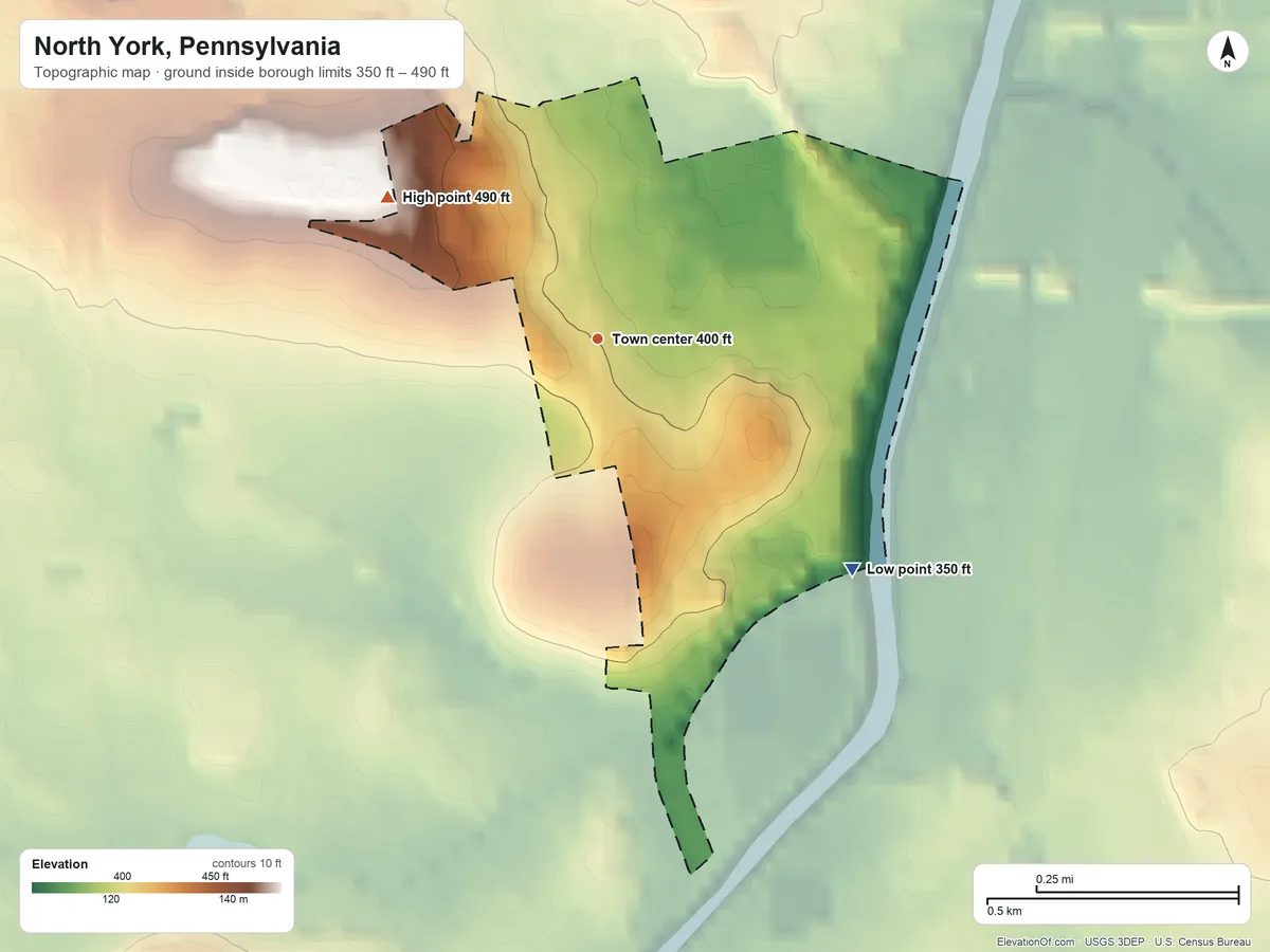 Topographic elevation map of North York, Pennsylvania, shaded from 350 ft on the southeast side to 490 ft on the northwest side