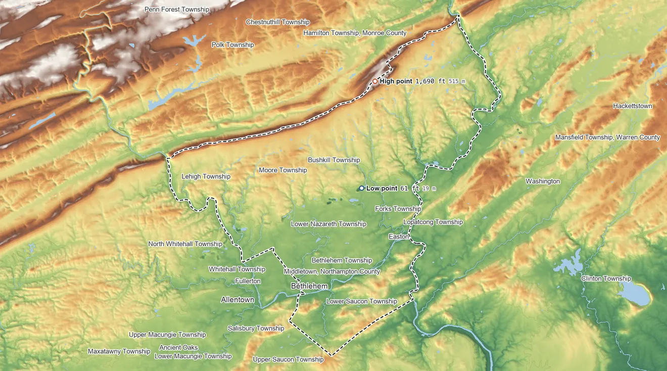 Topographic elevation map of Northampton County, Pennsylvania, shaded from 61 ft near the middle to 1,690 ft on the north side