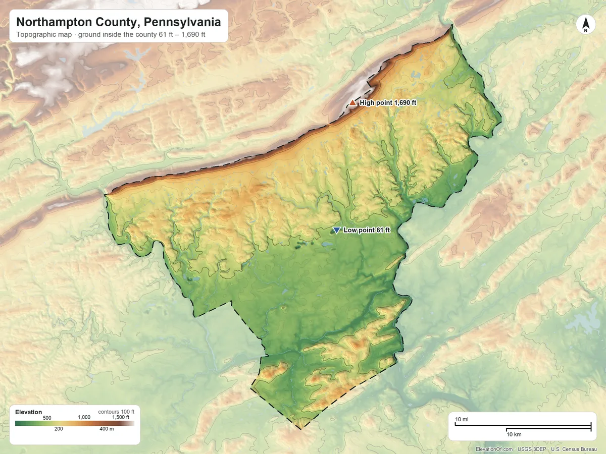 Topographic elevation map of Northampton County, Pennsylvania, shaded from 61 ft near the middle to 1,690 ft on the north side