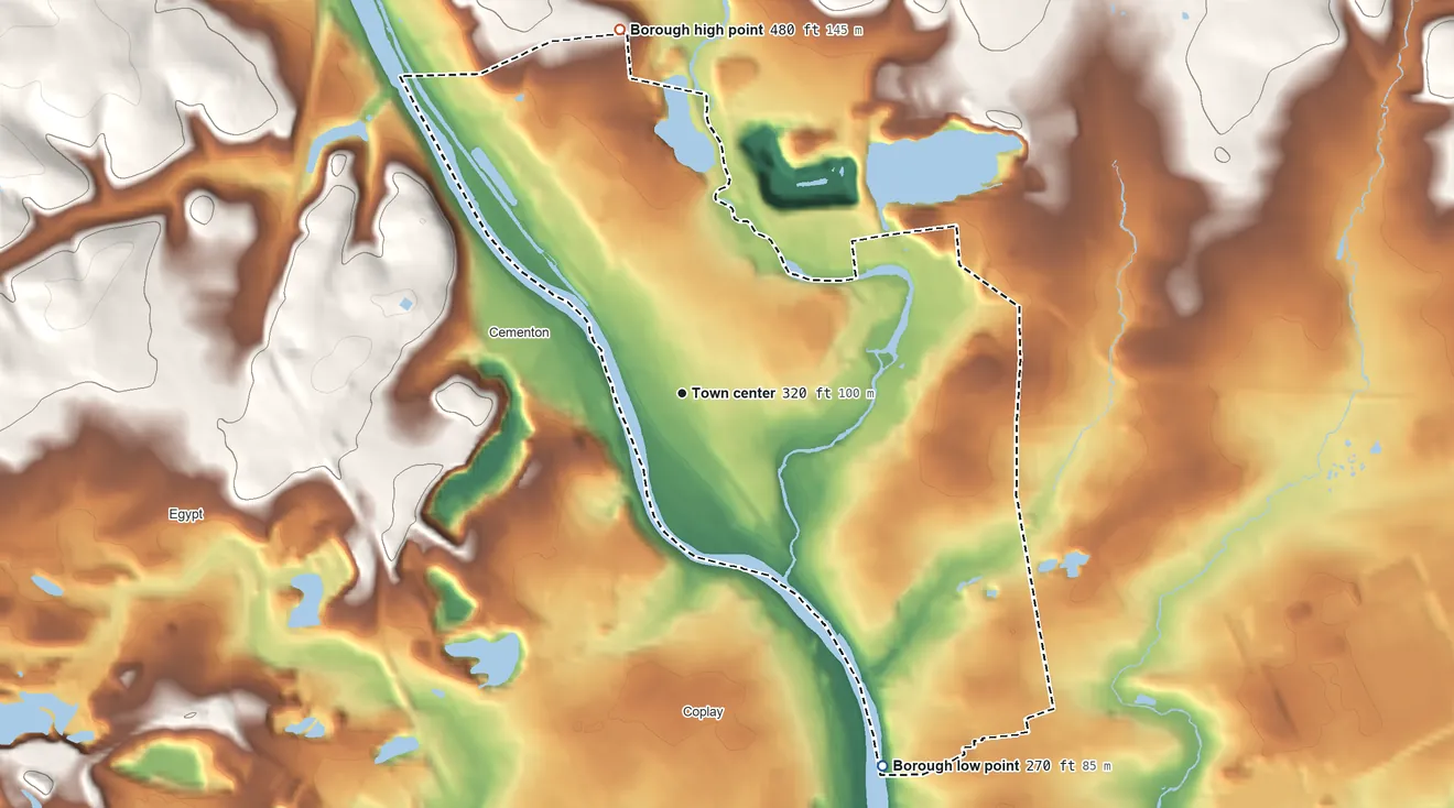 Topographic elevation map of Northampton, Pennsylvania, shaded from 270 ft on the southeast side to 480 ft on the north side