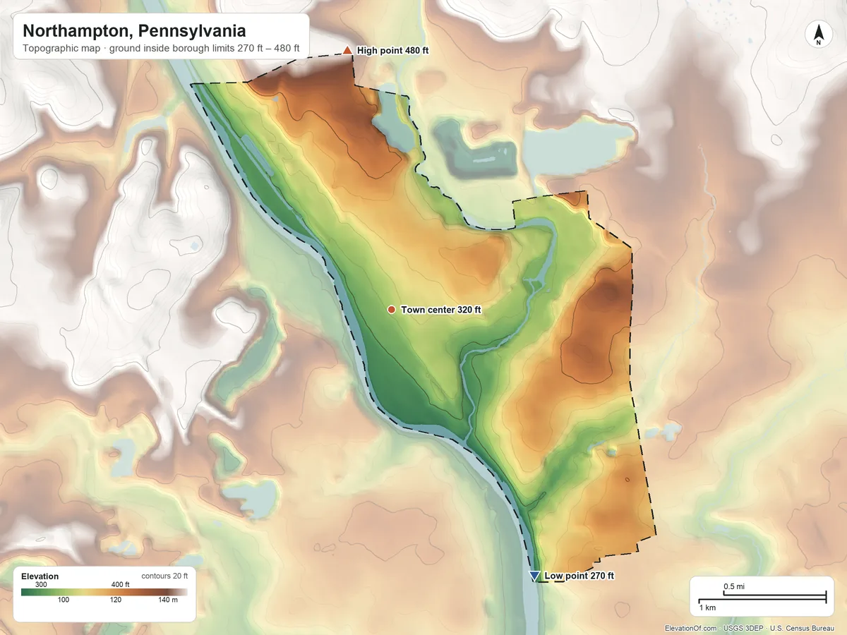 Topographic elevation map of Northampton, Pennsylvania, shaded from 270 ft on the southeast side to 480 ft on the north side