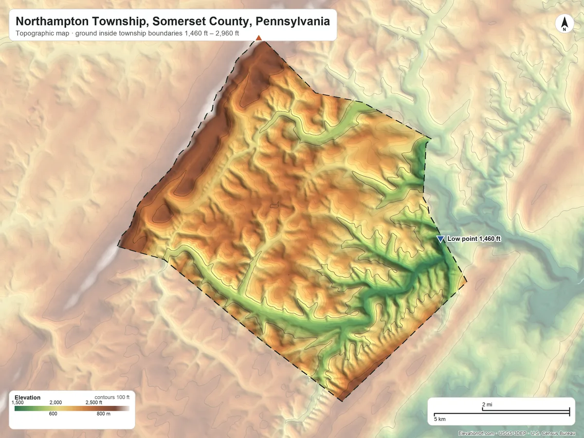 Topographic elevation map of Northampton Township, Somerset County, Pennsylvania, shaded from 1,460 ft on the east side to 2,960 ft on the north side