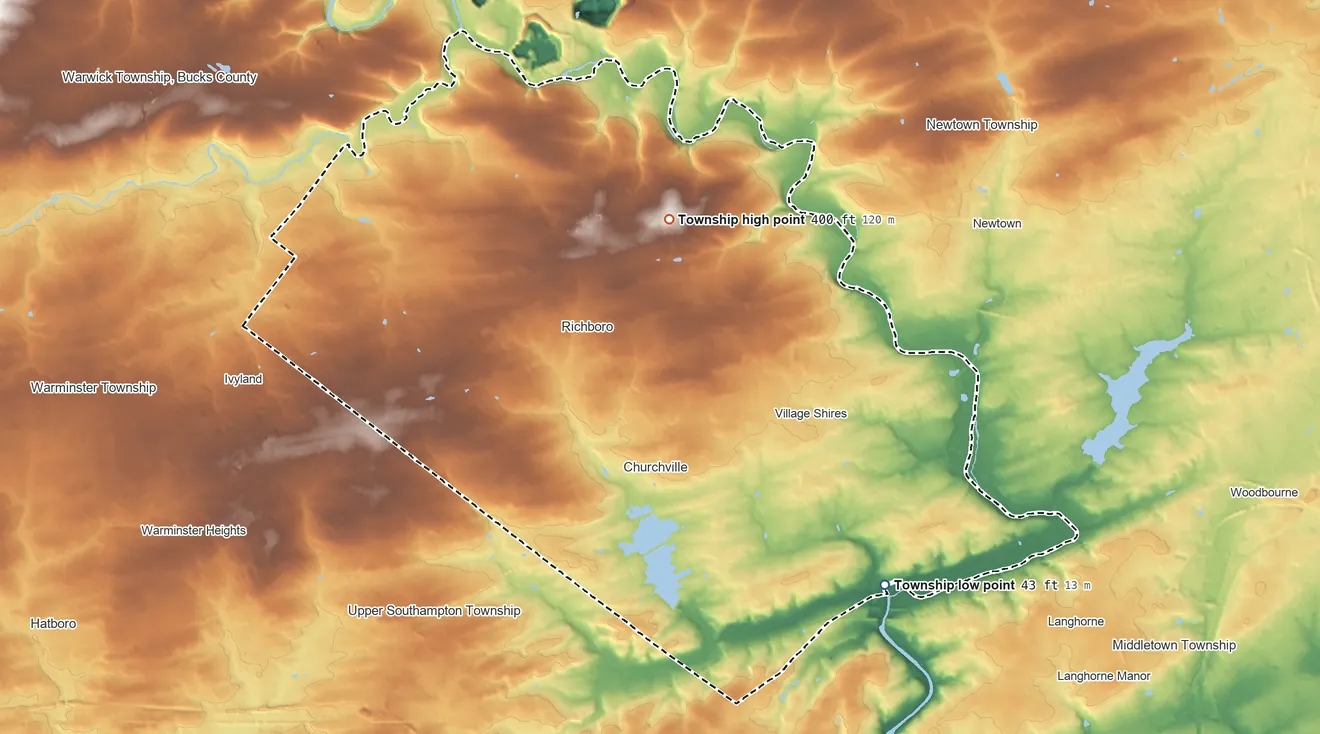 Topographic elevation map of Northampton Township, Pennsylvania, shaded from 43 ft on the southeast side to 400 ft on the north side
