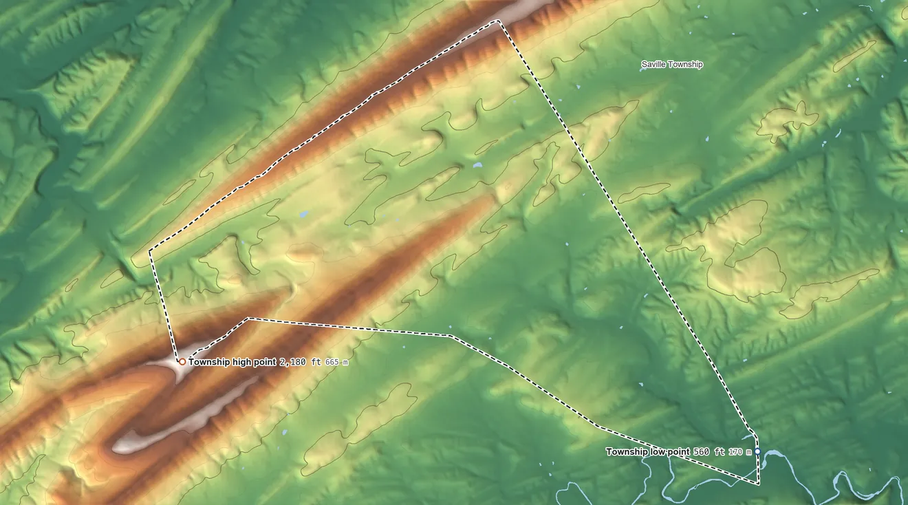 Topographic elevation map of Northeast Madison Township, Pennsylvania, shaded from 560 ft on the southeast side to 2,180 ft on the west side