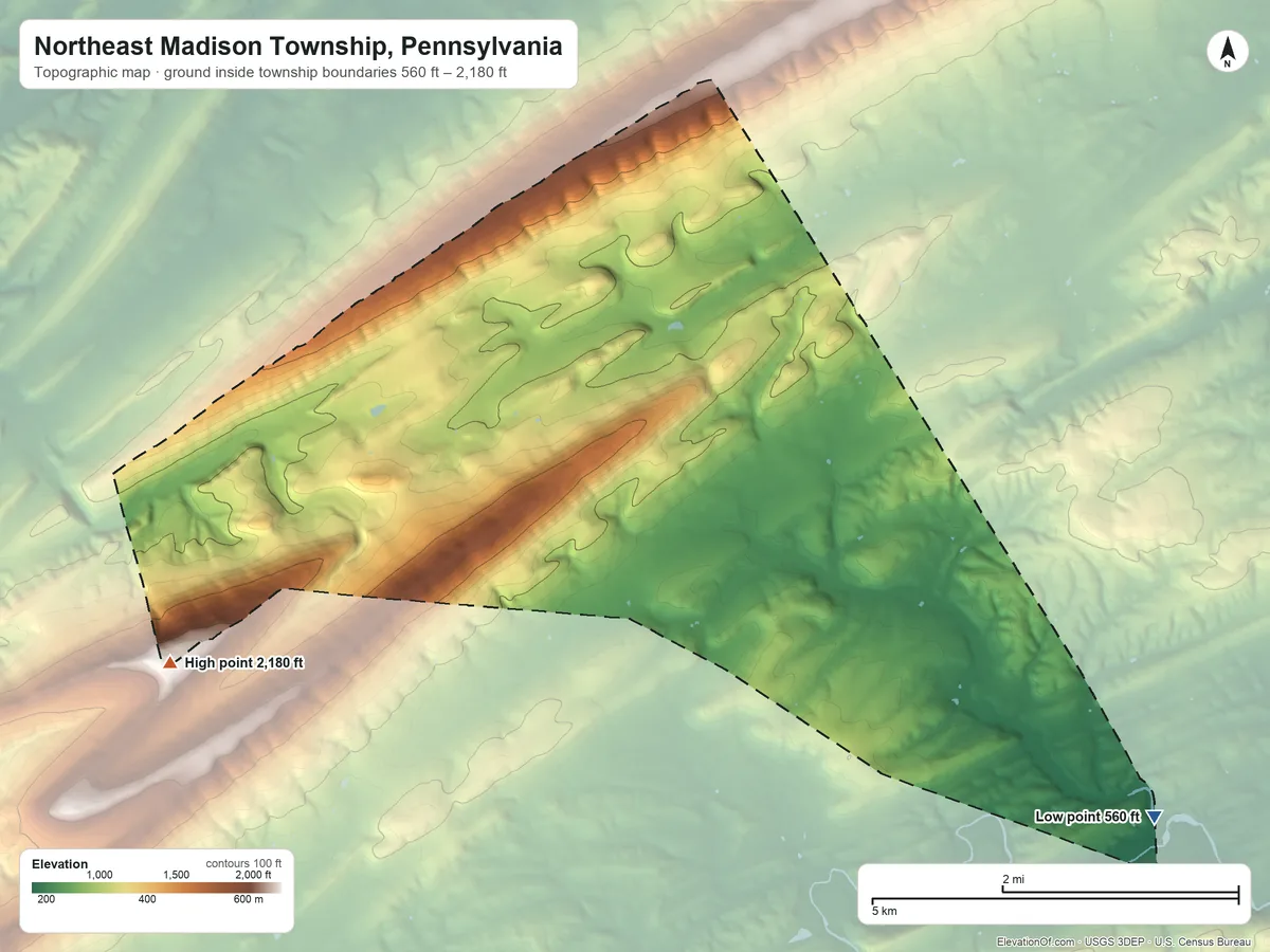 Topographic elevation map of Northeast Madison Township, Pennsylvania, shaded from 560 ft on the southeast side to 2,180 ft on the west side