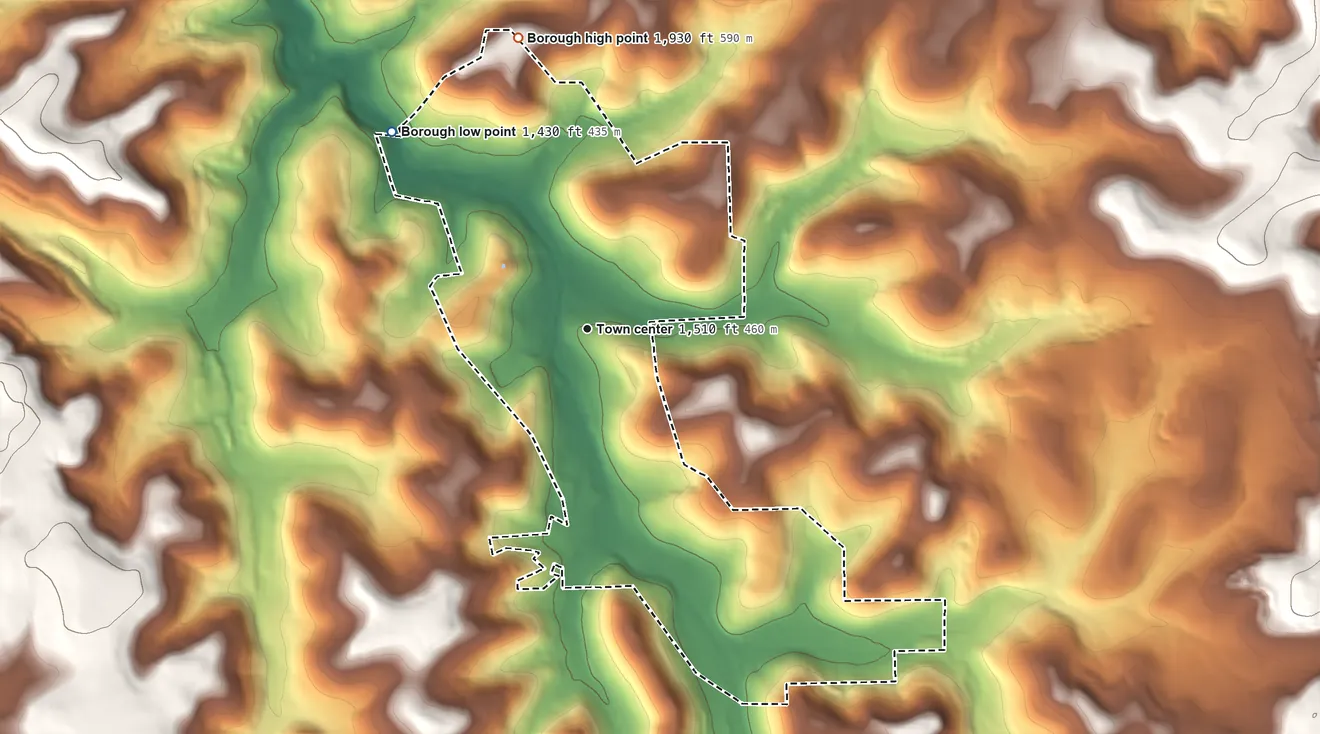 Topographic elevation map of Northern Cambria, Pennsylvania, shaded from 1,430 ft on the northwest side to 1,930 ft on the north side