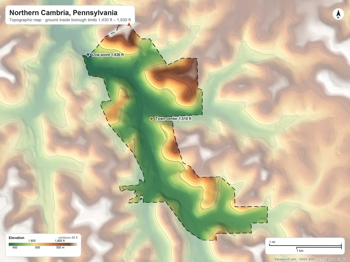 Topographic elevation map of Northern Cambria, Pennsylvania, shaded from 1,430 ft on the northwest side to 1,930 ft on the north side