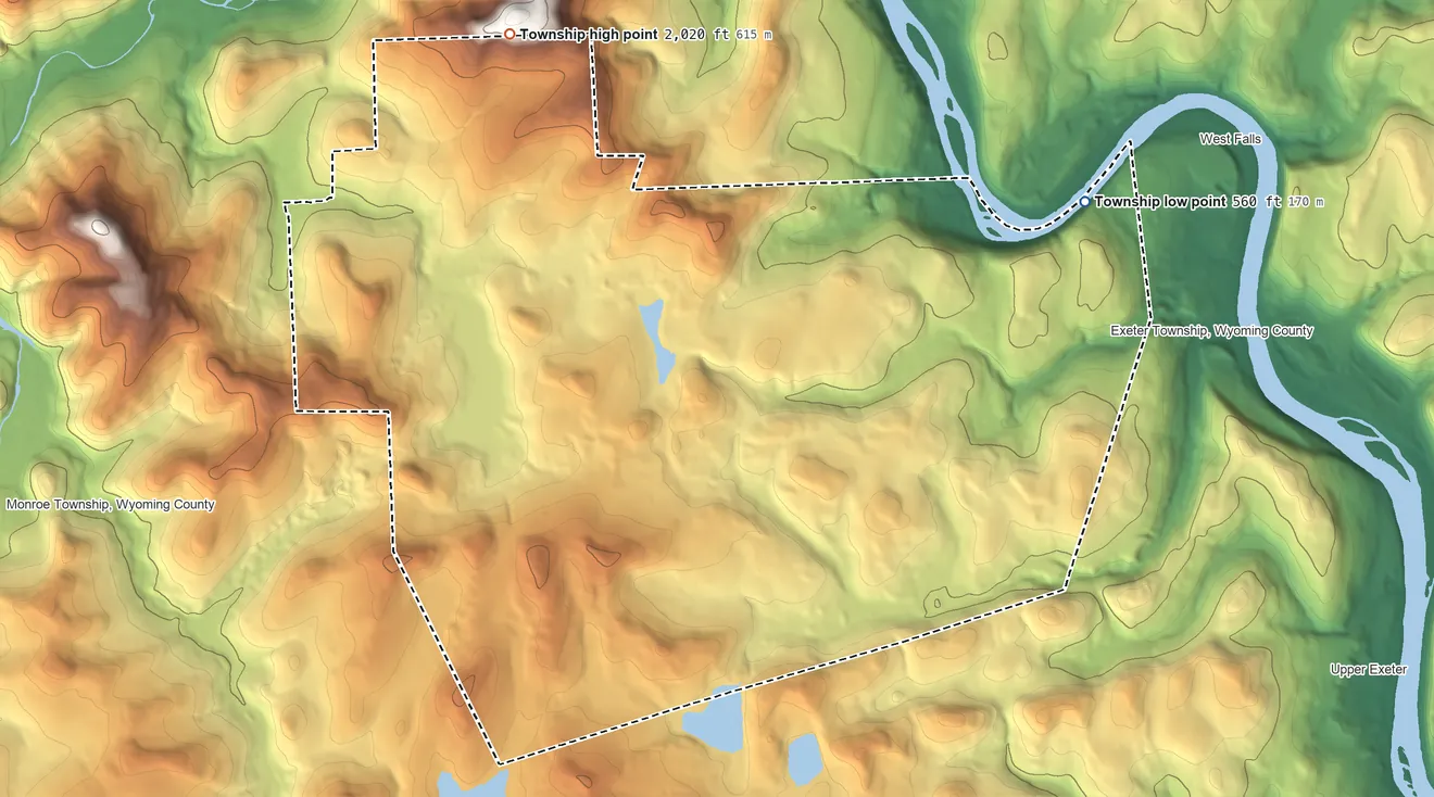 Topographic elevation map of Northmoreland Township, Pennsylvania, shaded from 560 ft on the northeast side to 2,020 ft on the northwest edge, below higher ground just outside