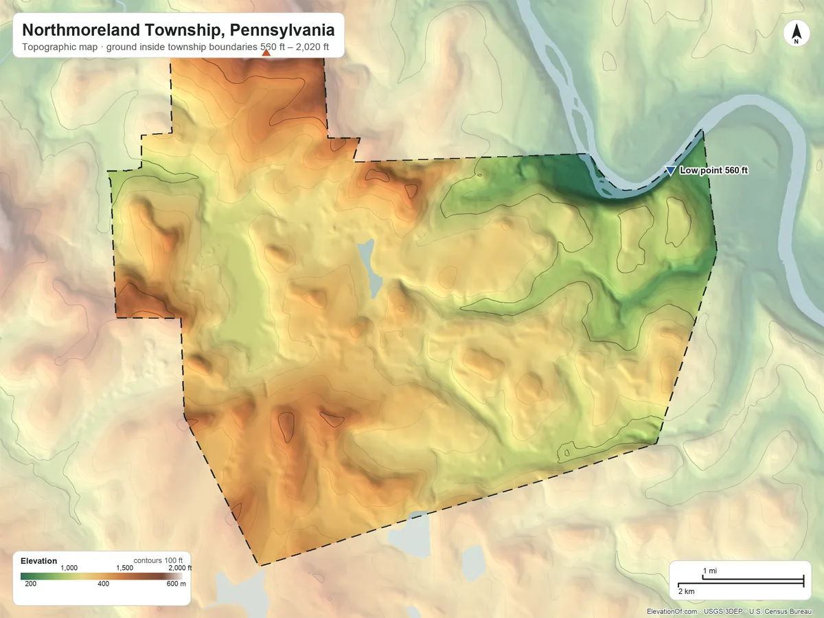 Topographic elevation map of Northmoreland Township, Pennsylvania, shaded from 560 ft on the northeast side to 2,020 ft on the northwest edge, below higher ground just outside