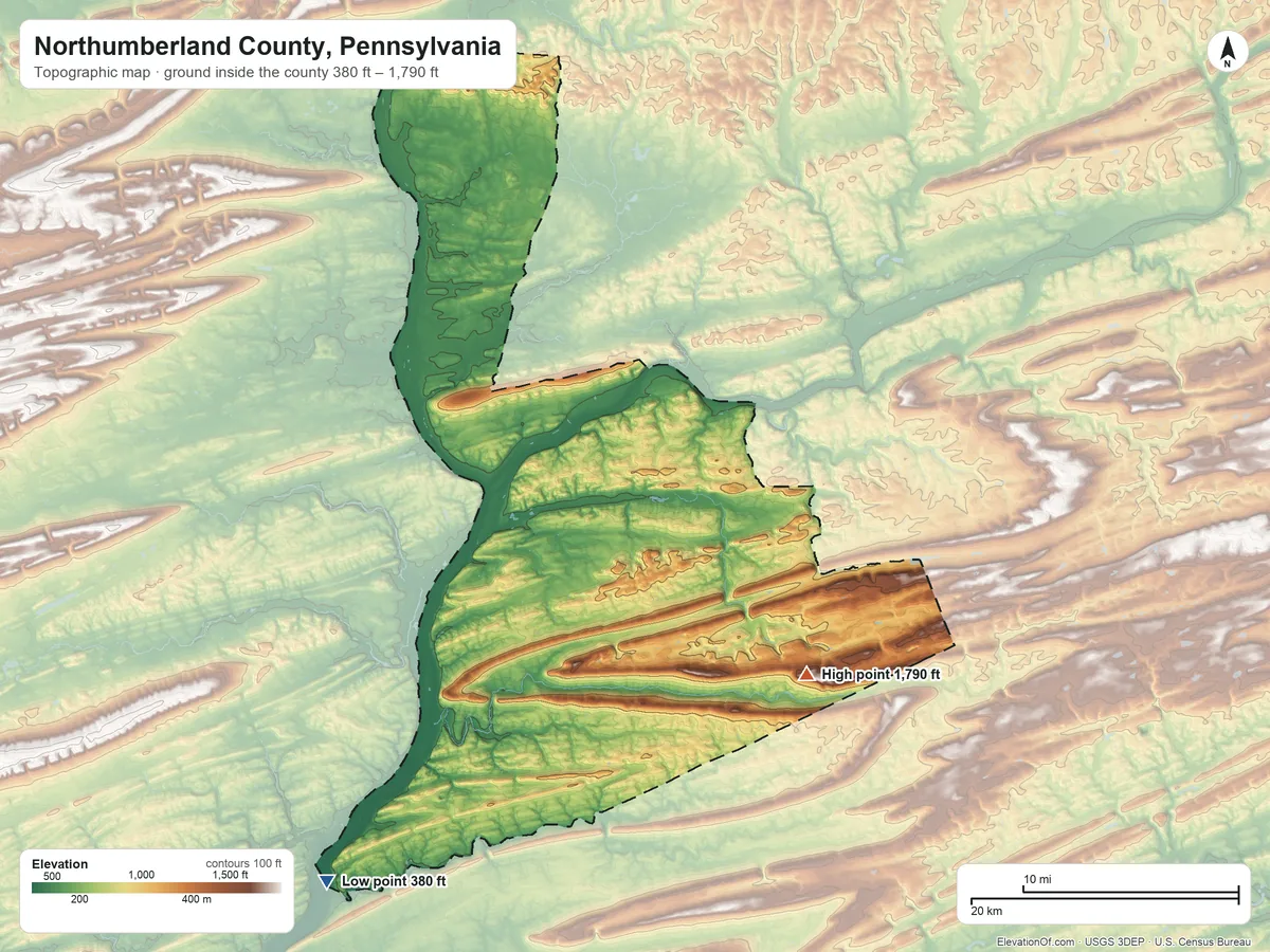 Topographic elevation map of Northumberland County, Pennsylvania, shaded from 380 ft on the southwest side to 1,790 ft on Mahanoy Mountain