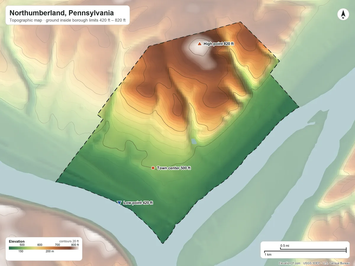 Topographic elevation map of Northumberland, Pennsylvania, shaded from 420 ft on the southwest side to 820 ft on the north side