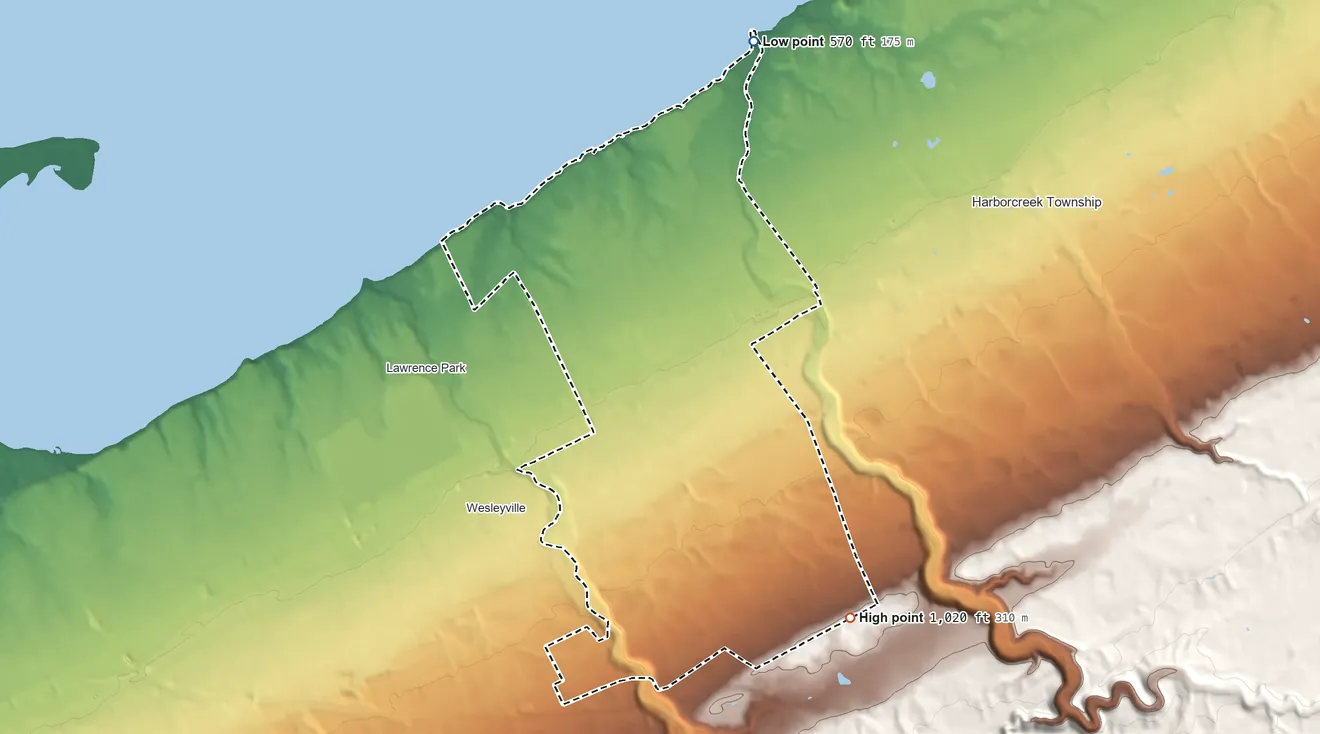 Topographic elevation map of Northwest Harborcreek, Pennsylvania, shaded from 570 ft on the north side to 1,020 ft on the southeast side