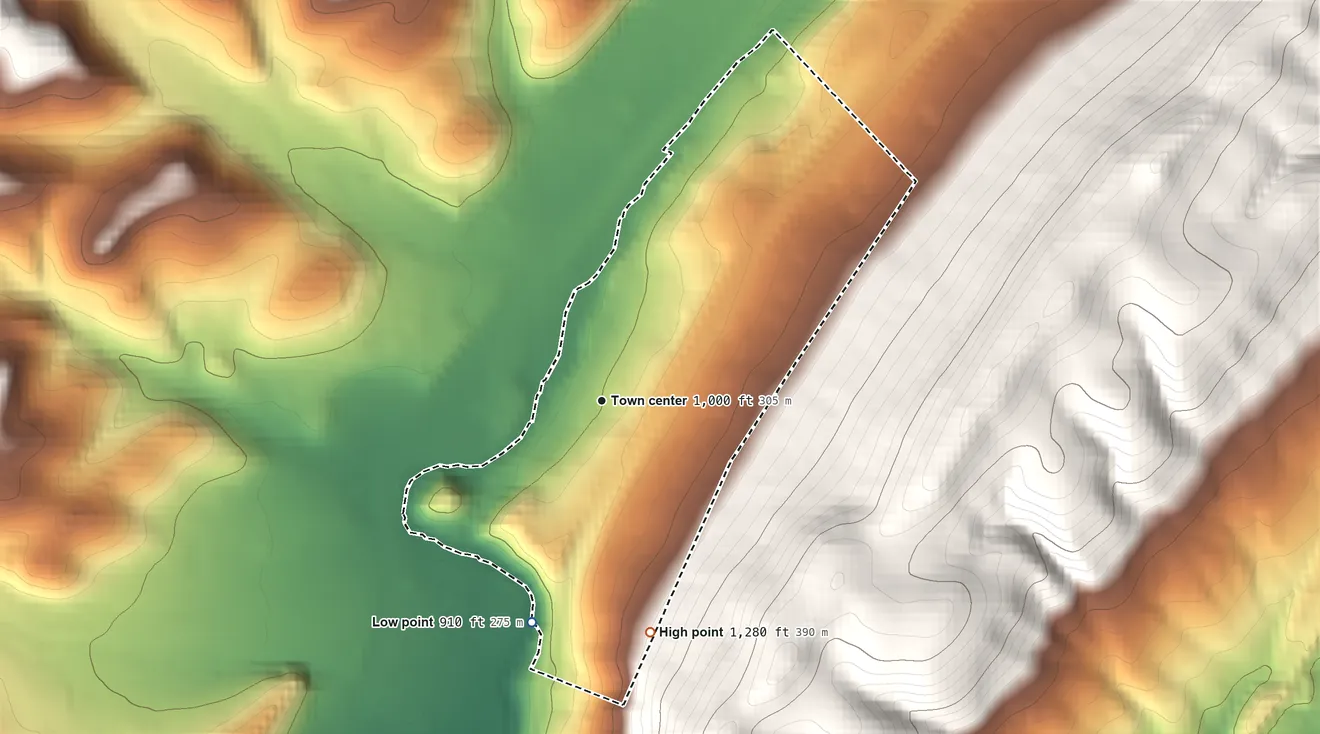 Topographic elevation map of Northwood, Pennsylvania, shaded from 910 ft on the south side to 1,280 ft on the south edge, below higher ground just outside