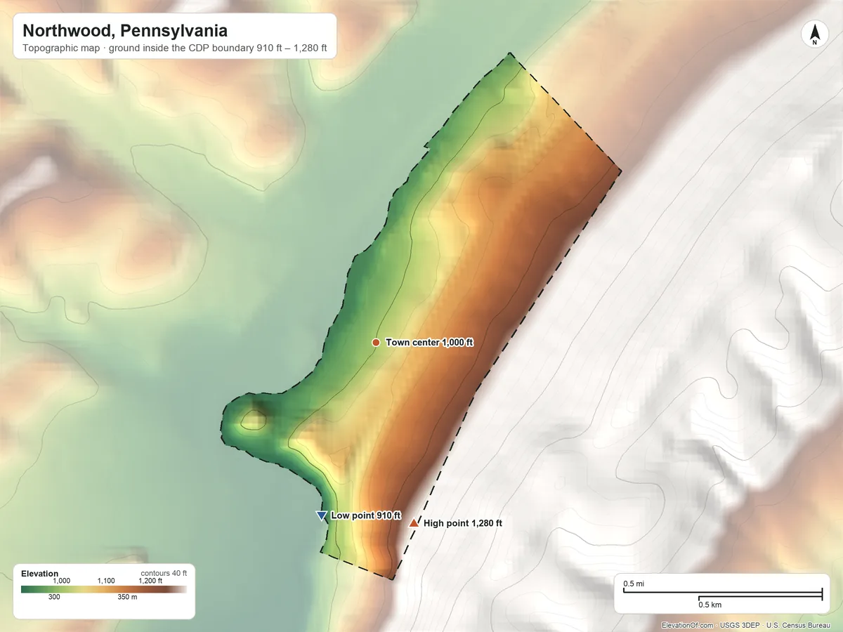 Topographic elevation map of Northwood, Pennsylvania, shaded from 910 ft on the south side to 1,280 ft on the south edge, below higher ground just outside