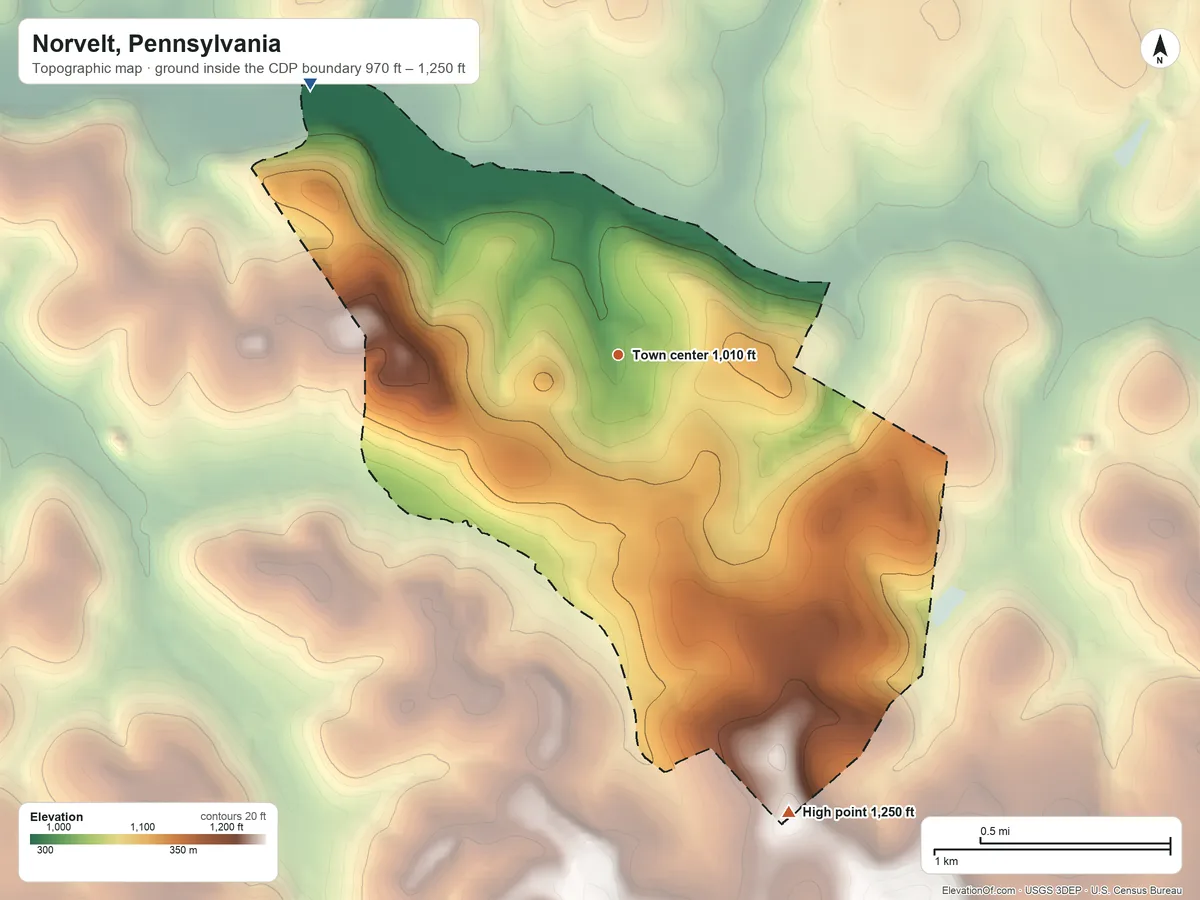 Topographic elevation map of Norvelt, Pennsylvania, shaded from 970 ft on the northwest side to 1,250 ft on the south side