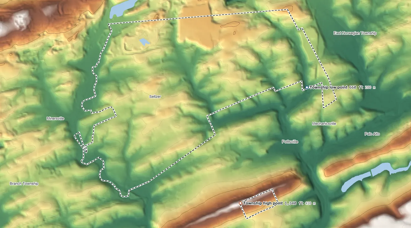 Topographic elevation map of Norwegian Township, Pennsylvania, shaded from 660 ft on the east side to 1,340 ft on the southeast side