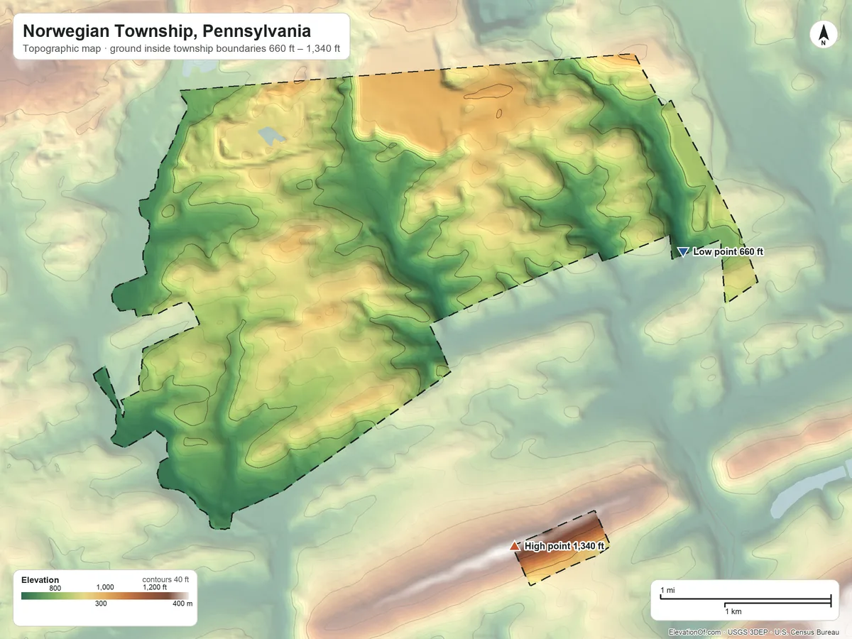 Topographic elevation map of Norwegian Township, Pennsylvania, shaded from 660 ft on the east side to 1,340 ft on the southeast side