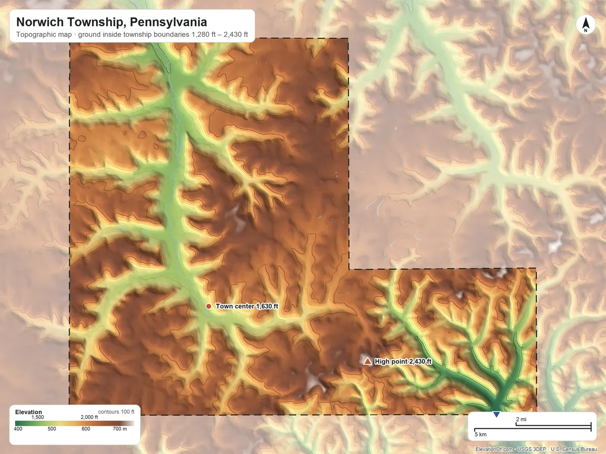 Topographic elevation map of Norwich Township, Pennsylvania, shaded from 1,280 ft on the east side to 2,430 ft on the east side