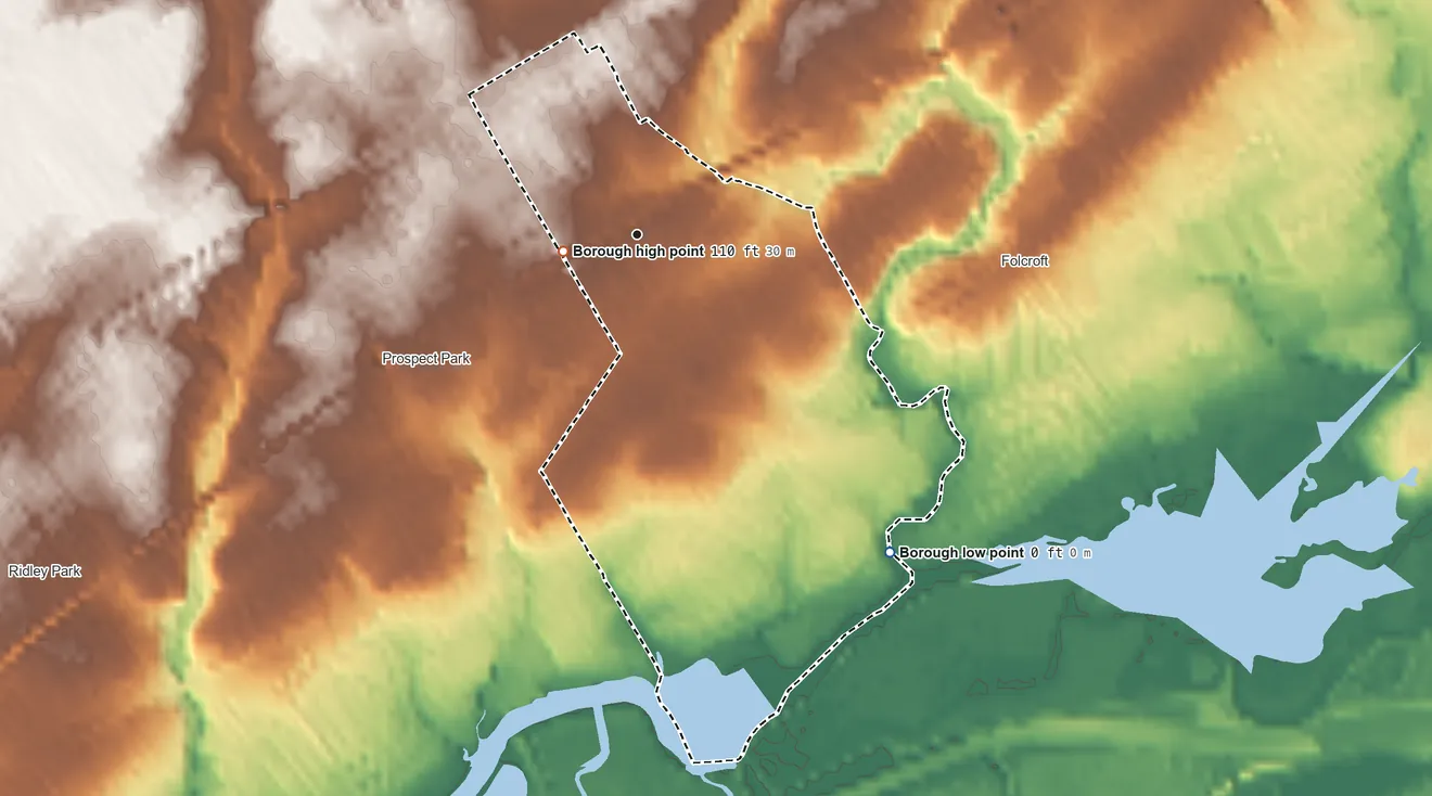 Topographic elevation map of Norwood, Pennsylvania, shaded from 0 ft on the southeast side to 110 ft near the middle