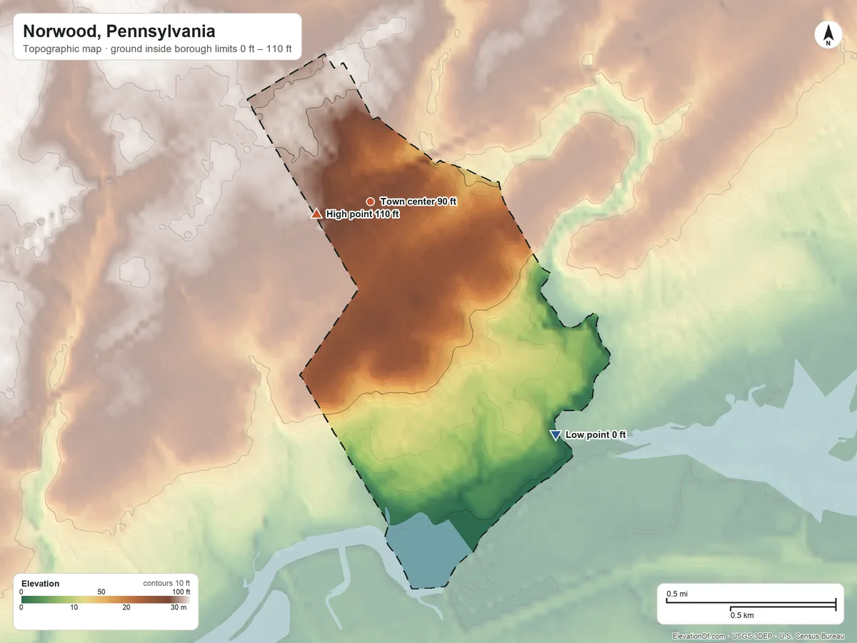 Topographic elevation map of Norwood, Pennsylvania, shaded from 0 ft on the southeast side to 110 ft near the middle