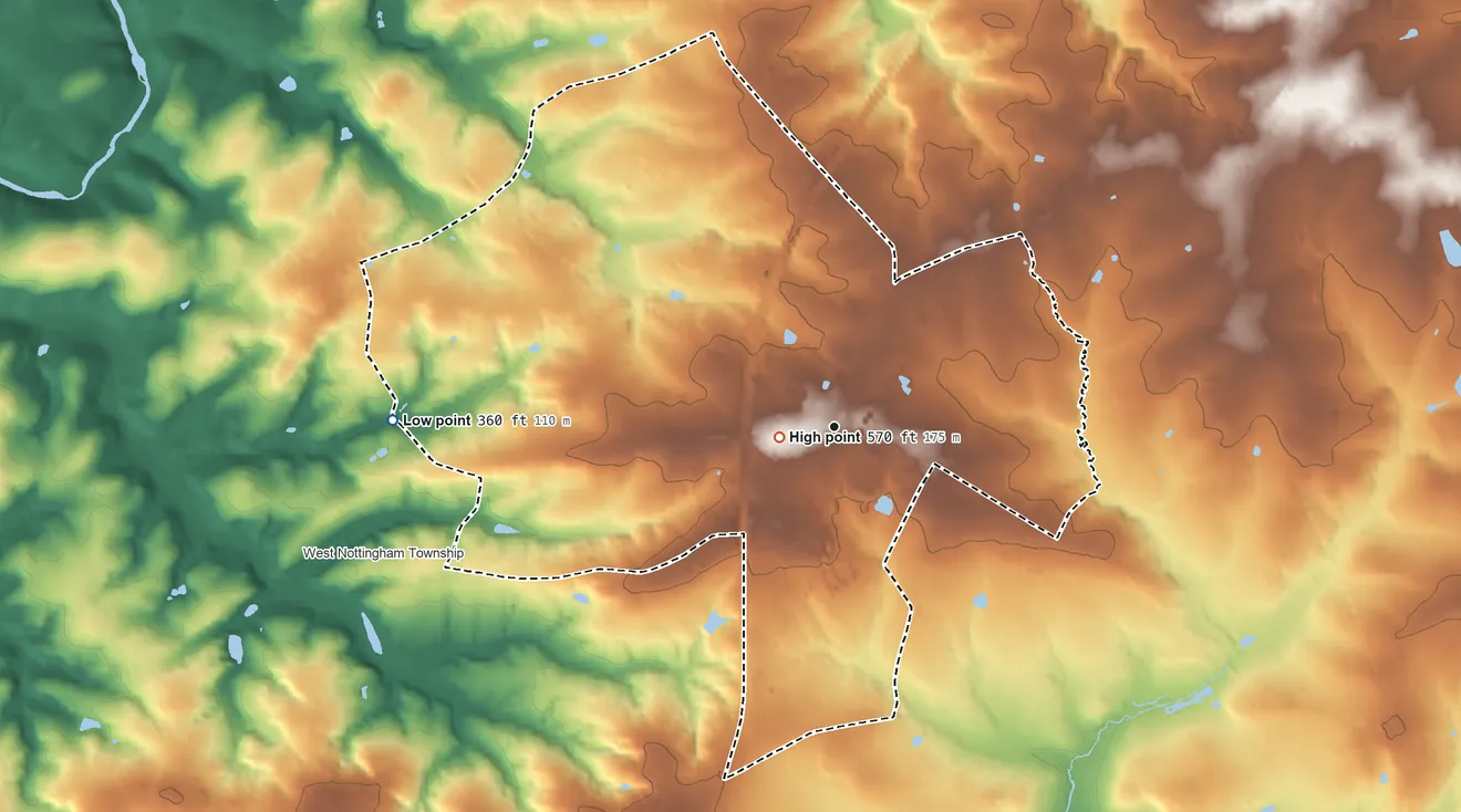 Topographic elevation map of Nottingham, Pennsylvania, shaded from 360 ft on the west side to 570 ft near the middle