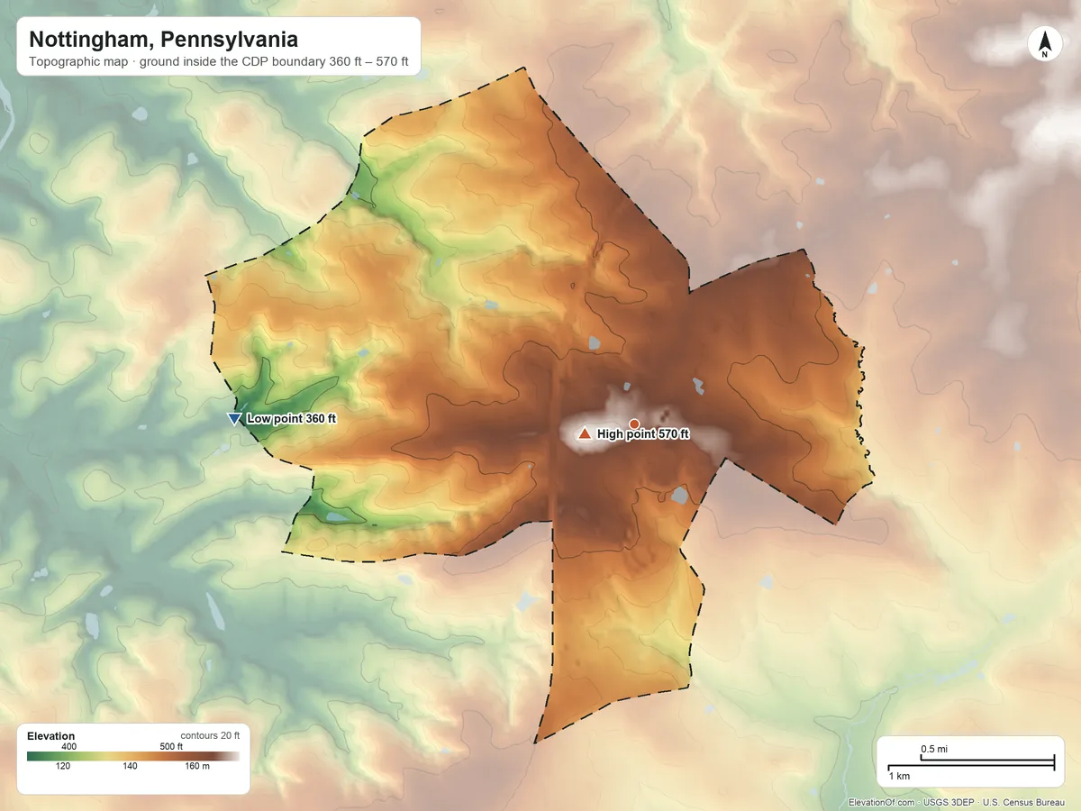 Topographic elevation map of Nottingham, Pennsylvania, shaded from 360 ft on the west side to 570 ft near the middle