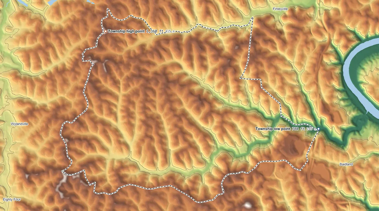 Topographic elevation map of Nottingham Township, Pennsylvania, shaded from 780 ft on the east side to 1,360 ft on the northwest side
