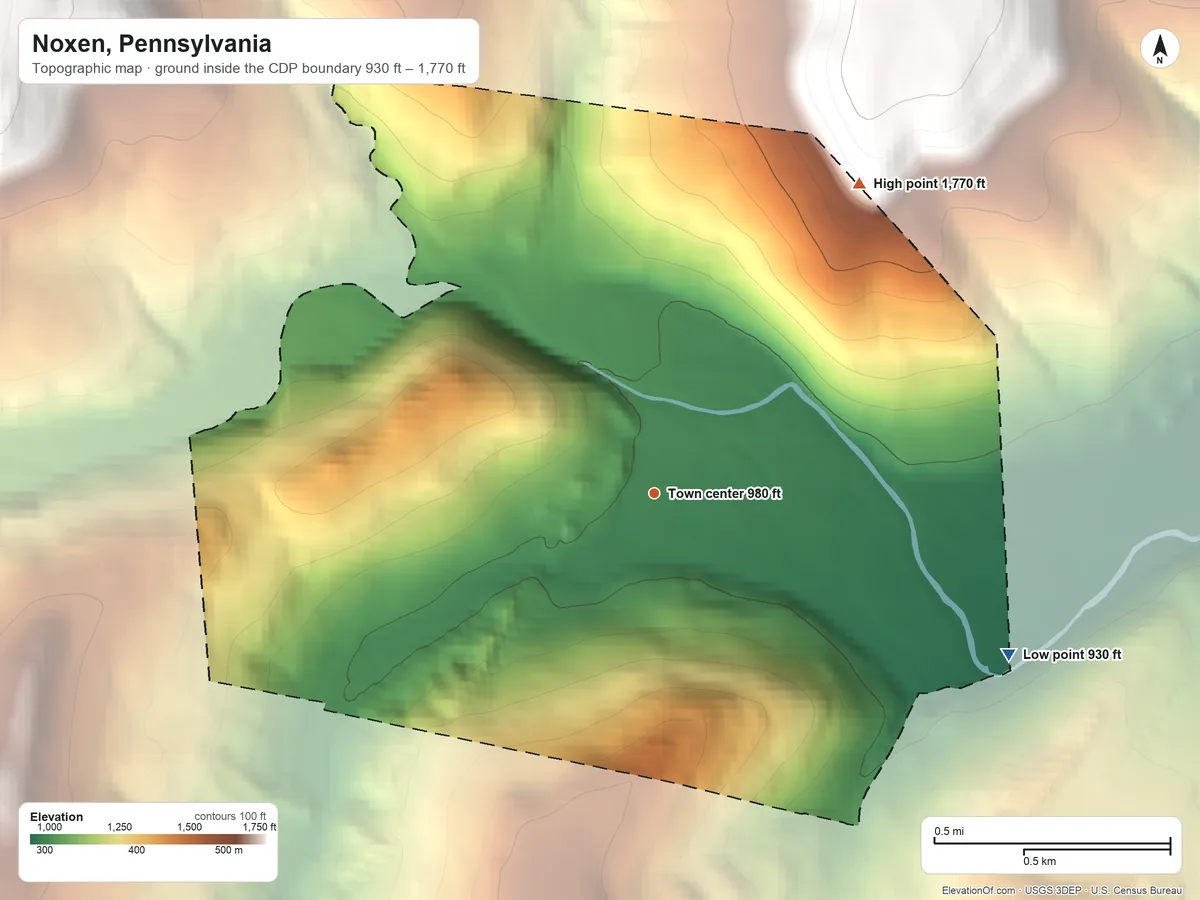 Topographic elevation map of Noxen, Pennsylvania, shaded from 930 ft on the southeast side to 1,770 ft at the foot of the Endless Mountains