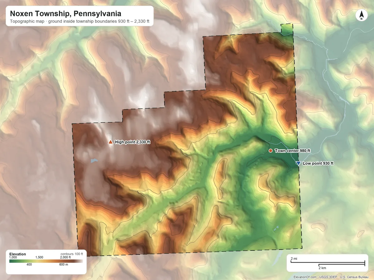 Topographic elevation map of Noxen Township, Pennsylvania, shaded from 930 ft near the middle to 2,330 ft on the west side