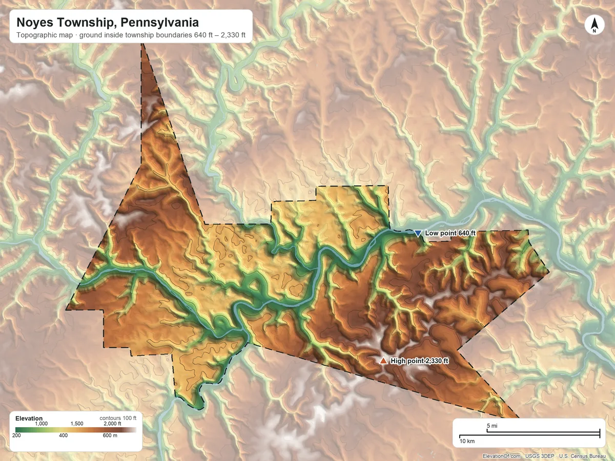 Topographic elevation map of Noyes Township, Pennsylvania, shaded from 640 ft on the northeast side to 2,330 ft on the south side