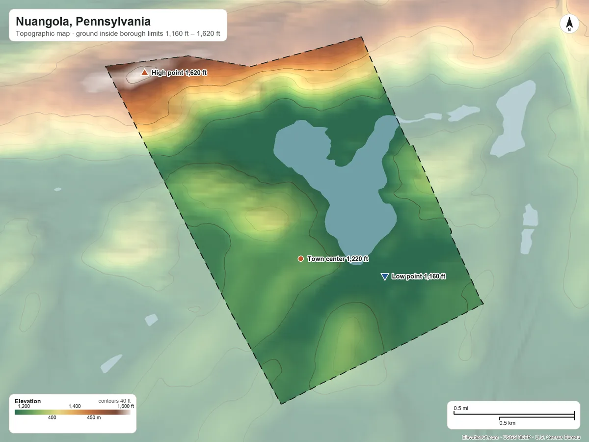 Topographic elevation map of Nuangola, Pennsylvania, shaded from 1,160 ft on the east side to 1,620 ft on the northwest side