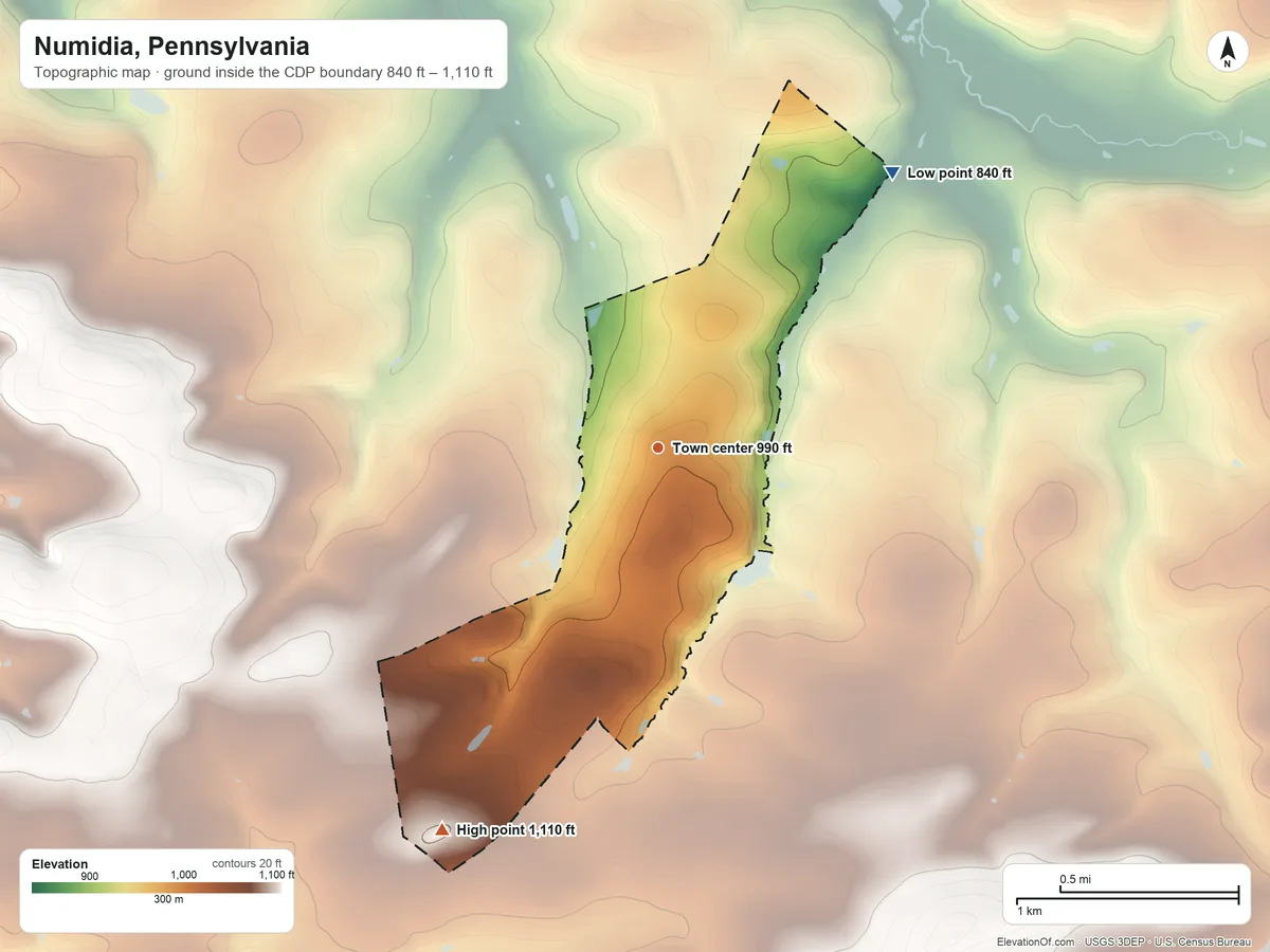 Topographic elevation map of Numidia, Pennsylvania, shaded from 840 ft on the northeast side to 1,110 ft at the foot of the Little Mountain