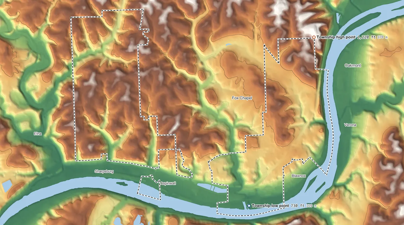 Topographic elevation map of O'Hara Township, Pennsylvania, shaded from 730 ft on the southeast side to 1,220 ft on the northeast side