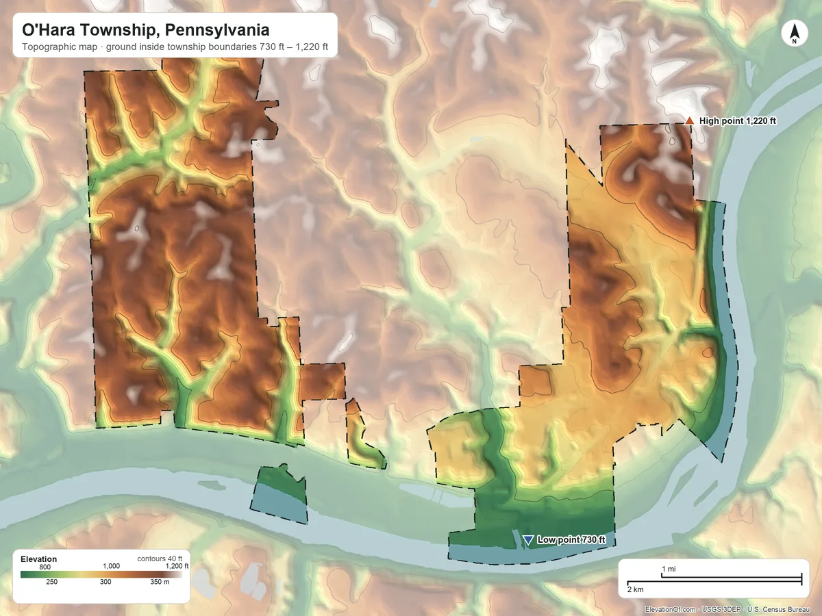 Topographic elevation map of O'Hara Township, Pennsylvania, shaded from 730 ft on the southeast side to 1,220 ft on the northeast side