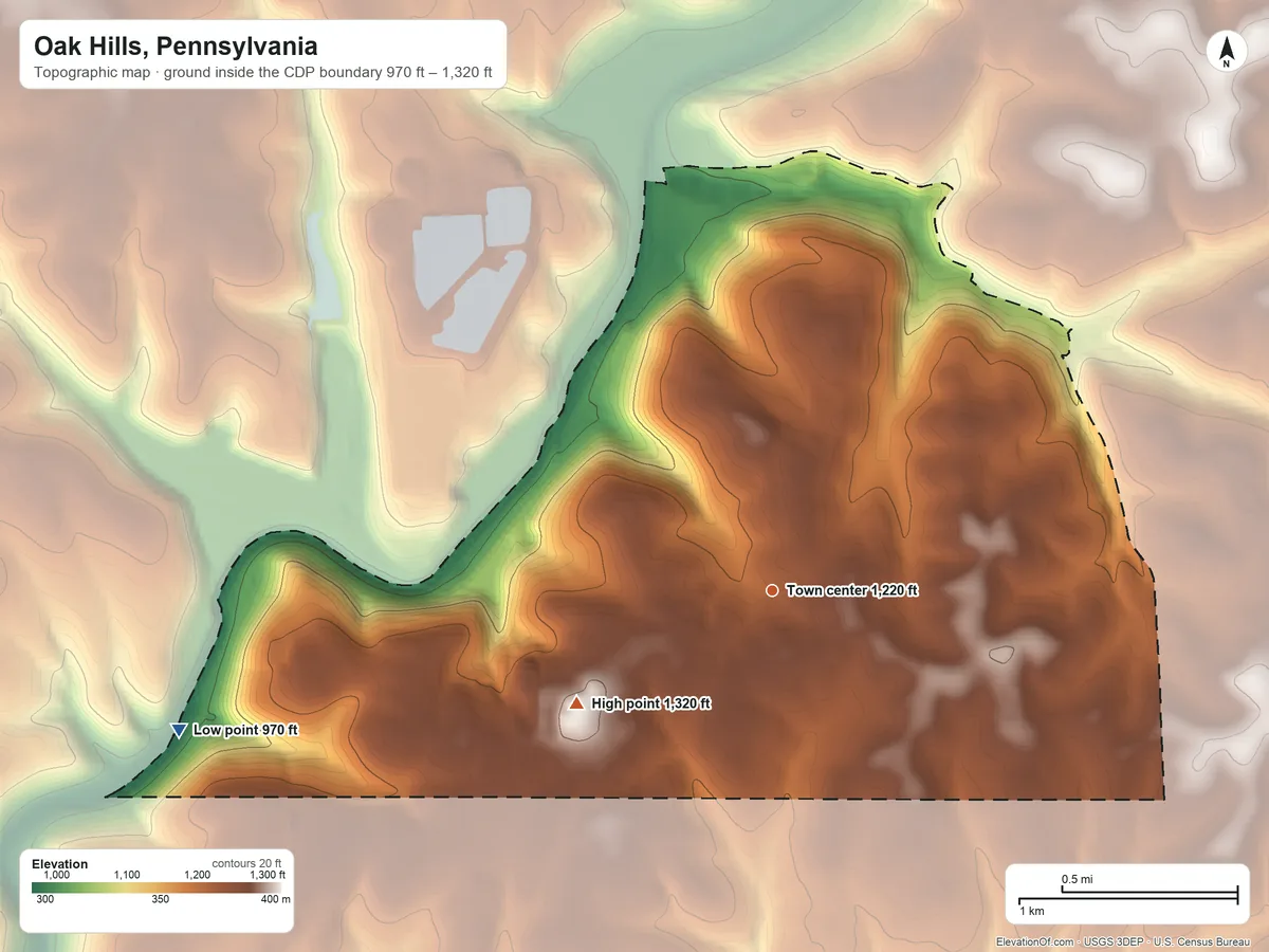 Topographic elevation map of Oak Hills, Pennsylvania, shaded from 970 ft on the west side to 1,320 ft on the southwest side
