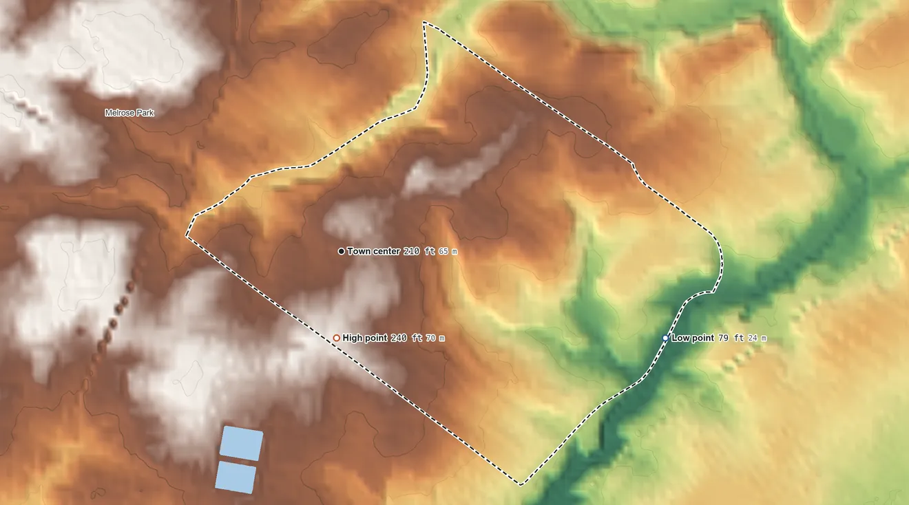 Topographic elevation map of Oak Lane, Pennsylvania, shaded from 79 ft on the east side to 240 ft on the south side