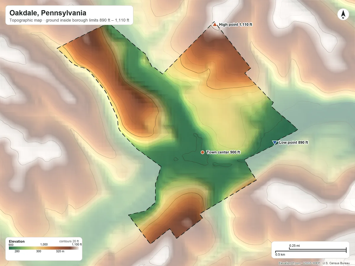 Topographic elevation map of Oakdale, Pennsylvania, shaded from 890 ft on the east side to 1,110 ft on the north side