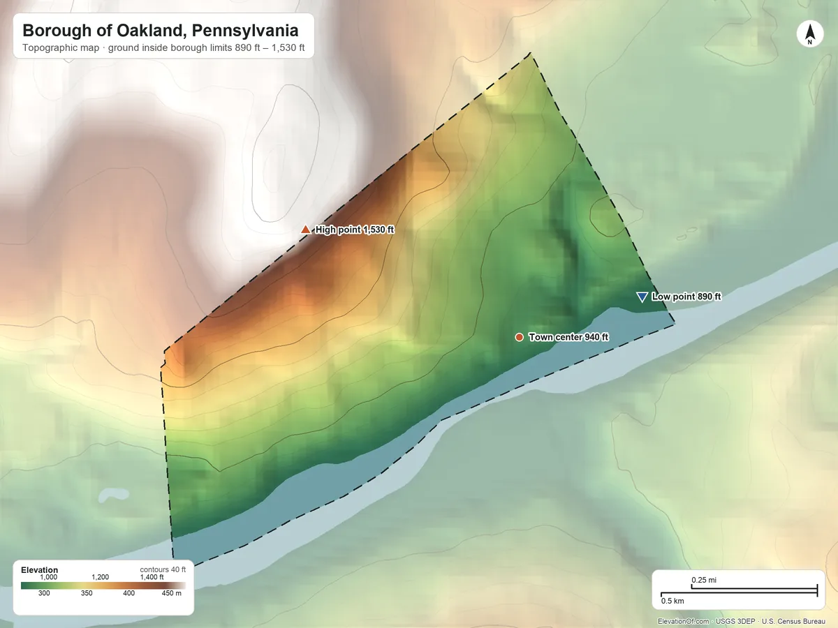 Topographic elevation map of Borough of Oakland, Pennsylvania, shaded from 890 ft on the east side to 1,530 ft on the northwest side