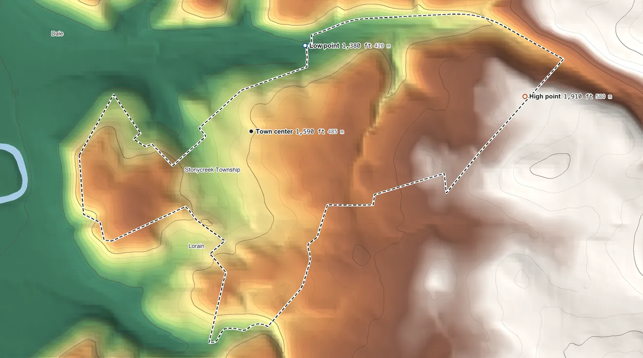 Topographic elevation map of Oakland, Cambria County, Pennsylvania, shaded from 1,380 ft on the northeast side to 1,910 ft at the foot of the Laurel Hill